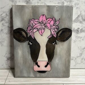 Hand Painted Floral Cow Canvas Wall Art - Pink and Gray